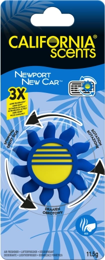 Automobilio oro gaiviklis ant ventiliacijos grotelių California Scents Newport New Car – besisukanti saulė