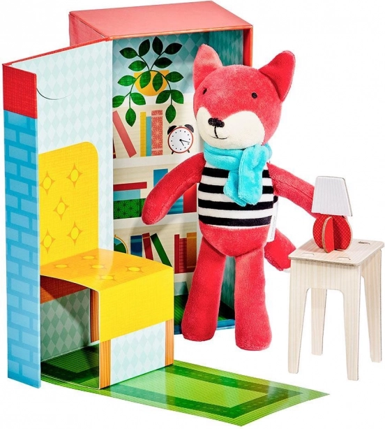 Petit Collage plush fox in the library