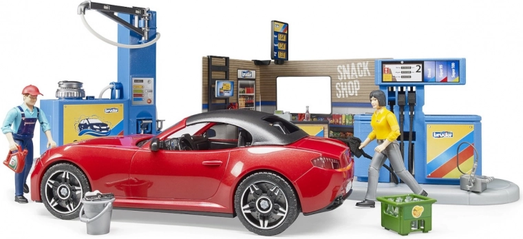 Bruder degalinė su sportiniu automobiliu ir 2 figūrėlėmis