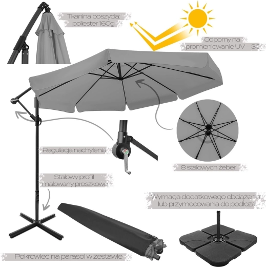Foldable garden parasol 350 cm XXL, graphite, 8-rib with cover