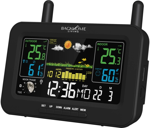 BackHome Living daugiafunkcė meteorologinė stotis RCC, maitinama iš tinklo ir baterijomis, juoda 16,5 × 4,5 × 13,5 cm