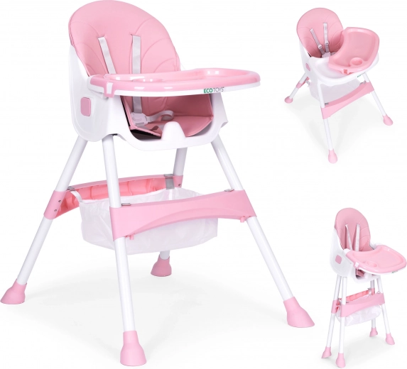 Vaikiška maitinimo kėdutė su padėklu ir krepšeliu, 5 taškų diržai, ECOTOYS – Rožinė