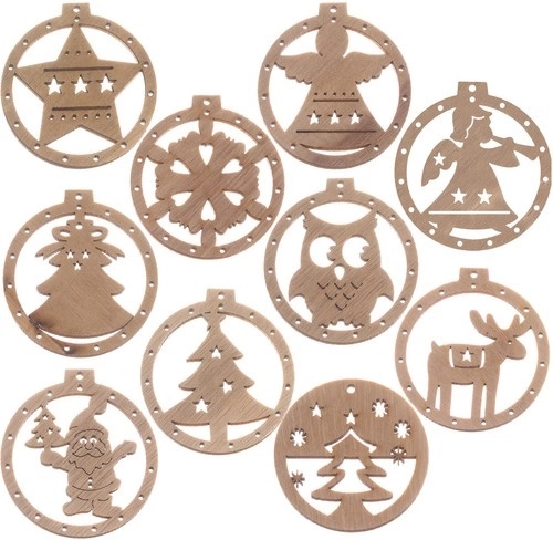 Wooden Christmas tree ornaments (10 pcs) with string