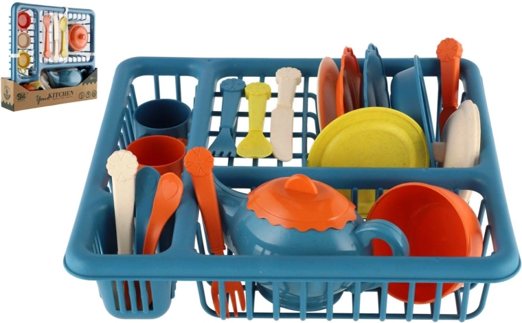 Vaikiškas indų rinkinys su džiovykle – plastikinis žaidimų komplektas