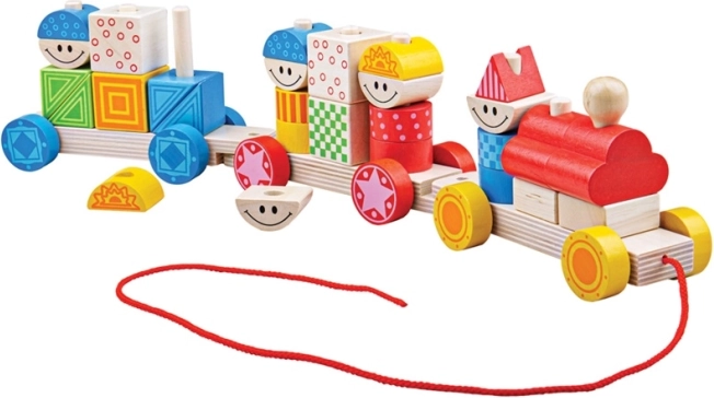 Bigjigs Baby medinis traukiamas traukinukas su užmaunamomis kaladėlėmis