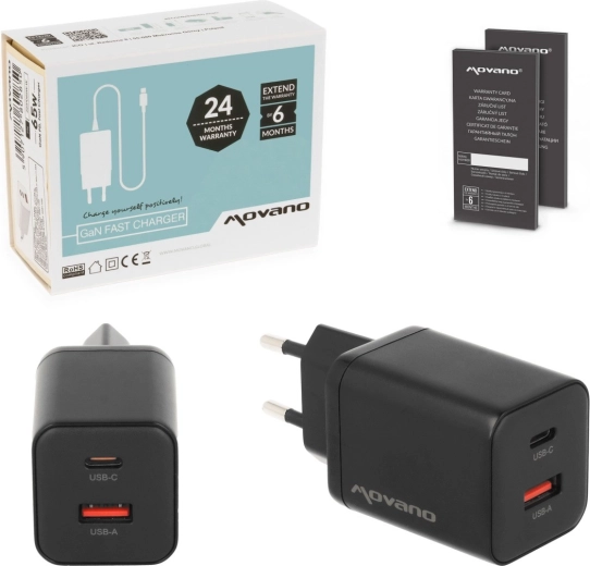 Movano GaN 45 W wall charger USB-C PD + USB-A black