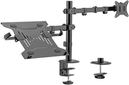 Adjustable desk mount with monitor arm and laptop tray