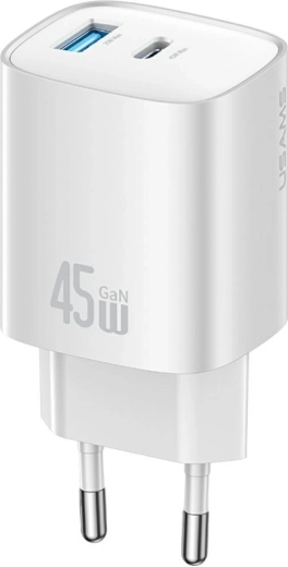 USAMS T66 45W GaN dual wall charger USB‑C + USB‑A (EU)