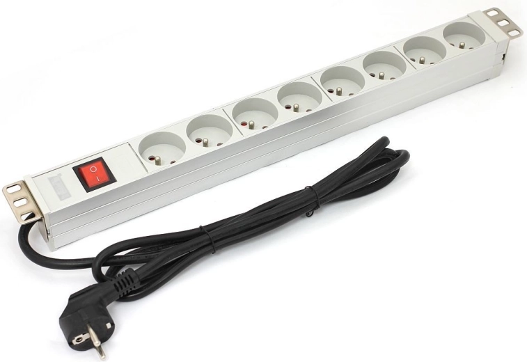 PDU maitinimo paskirstymo juosta į 19" rack spintą, 8× Type E, 1,8 m, Schuko, jungiklis, aliumininė