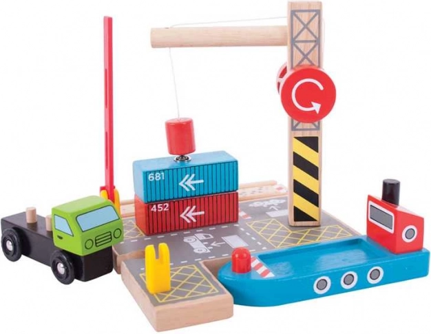 Bigjigs Rail konteinerių krovos terminalas su magnetiniu kranu