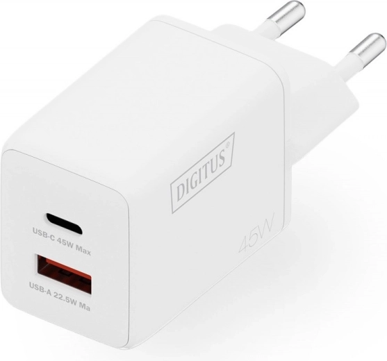 GaN II 45 W Wall Charger, 1× USB‑C and 1× USB‑A, PD 3.0 and QC 3.0, White