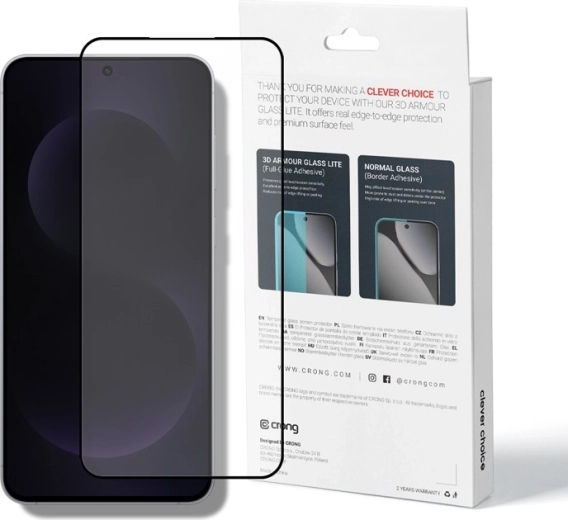 Crong 3D Armour Glass Lite 3D grūdintas stiklas Full Glue su juodu rėmeliu, skirtas Samsung Galaxy A37/A36/A57/A56/S25FE – 1 vnt.