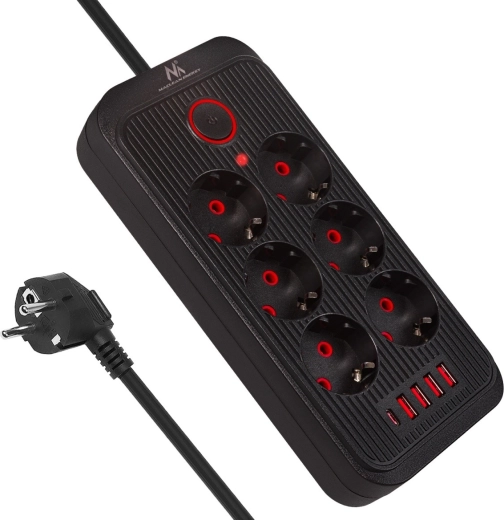 Black power strip 6x schuko with 4x usb‑a and 1x usb‑c, 2500 w