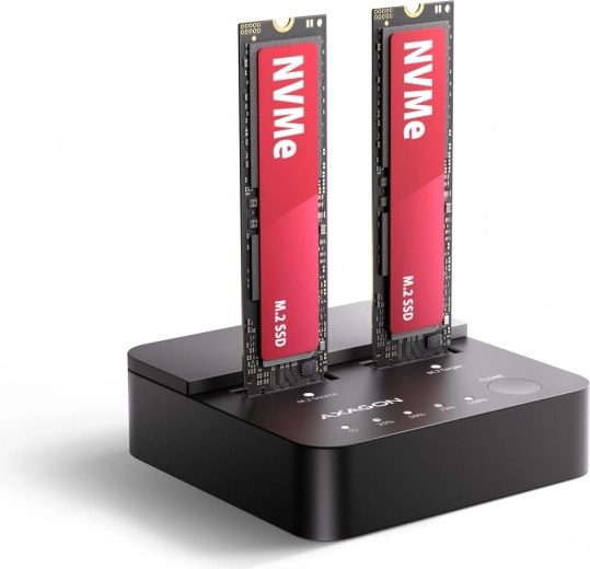 Axagon Clone Master prijungimo ir klonavimo stotis USB-C 3.2 Gen 2x2, skirta 2× NVMe M.2 (20 Gbps)