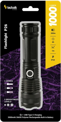 Rechargeable Flashlight Technik MT-P26 with USB‑C, Zoom, and SOS/Strobe Functions