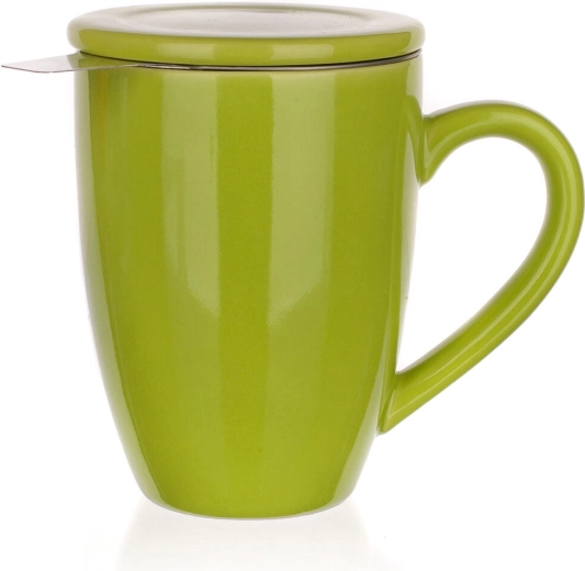 Keramikinis puodelis su dangteliu ir nerūdijančio plieno sieteliu 350 ml BONNET, žalias