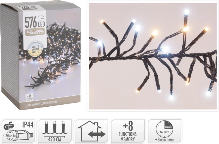 Christmas LED light string 4.2 m, 576 LEDs, warm white, 8 functions, IP44, with timer