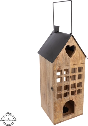 MANGO lantern in the shape of a wooden and metal house, 66 cm