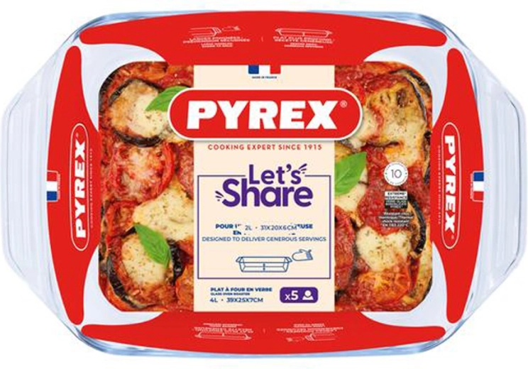 Glass baking dish with handles Pyrex 39 × 25 cm, 4 l, borosilicate