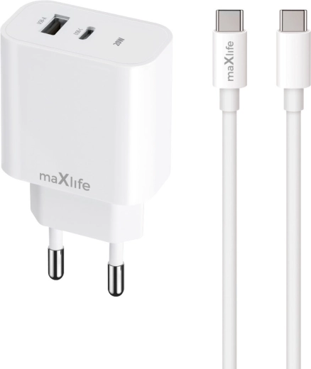 Maxlife MXTC-06-20AC greitojo įkrovimo įkroviklis USB-C + USB-A 20 W su USB-C/USB-C kabeliu