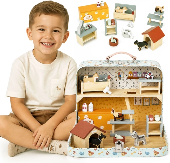 Ecotoys wooden pet shop in a portable suitcase, two-level (23 accessories)