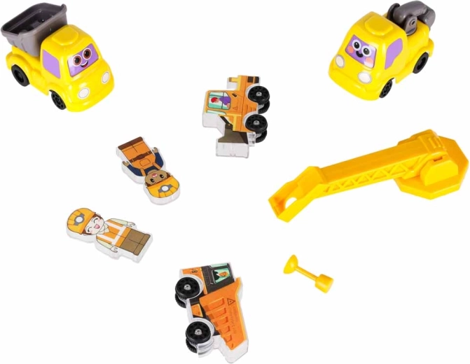 A crane and pull-back vehicles for action play