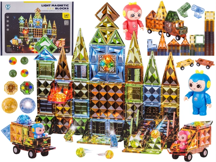 Magnetic building blocks with light-up elements and vehicles (147 pieces)