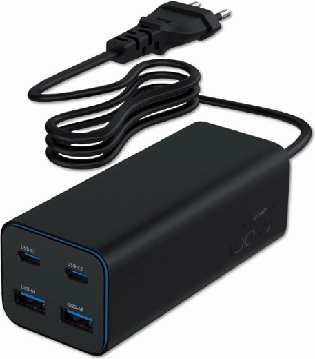 Universali 100 W GaN įkroviklis 2x USB-A 2x USB-C greitas įkrovimas juodas