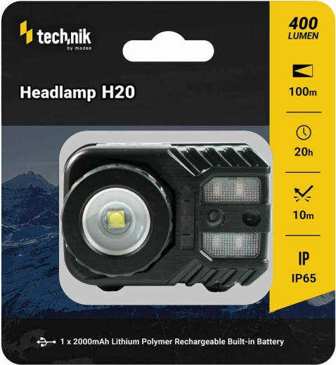 Technik MT-H20 galvos žibintuvėlis su gumuotu paviršiumi, LED CREE XPG-2, micro-USB, raudona šviesa
