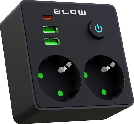 BLOW socket splitter with 2 outlets, 2× USB and USB‑C, black