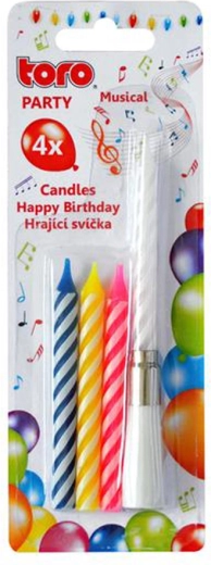 Dainuojanti torto žvakė su laikikliu TORO Happy Birthday – 4 žvakių rinkinys