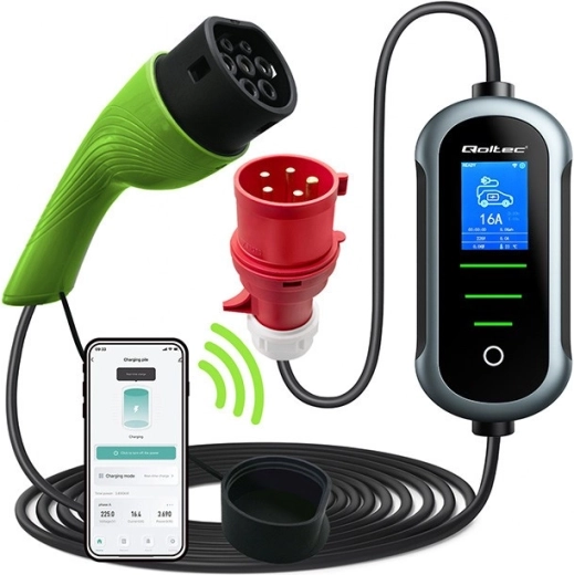 Nešiojamas Wi‑Fi įkroviklis elektromobiliams Type 2, 22 kW, 400 V, LCD, 7 m – Qoltec