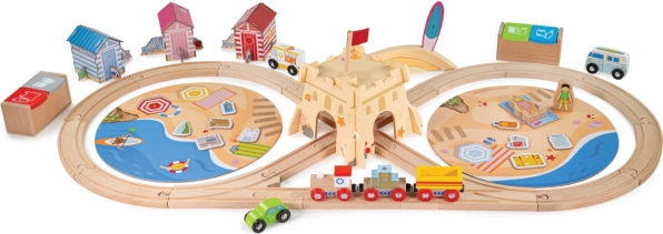 Medinis traukinių bėgių rinkinys BIGJIGS RAIL Pakrantės tvarkymas, 70 dalių