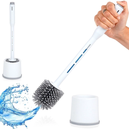 Silikoninis WC šepetys su stovu ir dozatoriumi, baltas, 40 cm