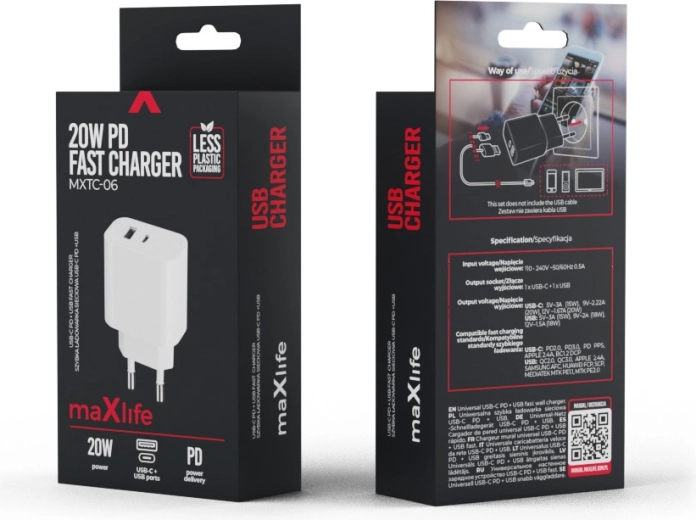 Maxlife įkroviklis PD/QC 20 W, 1× USB‑C + 1× USB, baltas