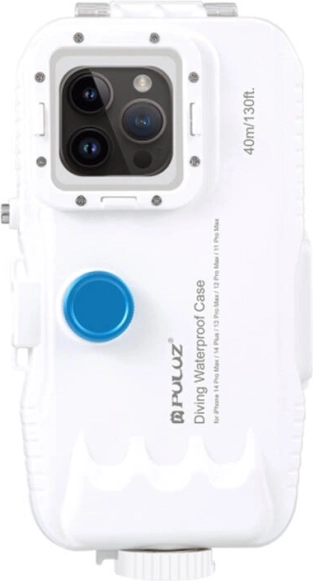 Plastikinis vandeniui atsparus PULUZ dėklas, skirtas iPhone 15 Plus, 15 Pro Max, 14 Plus, 14 Pro Max, 13 Pro Max, 12 Pro Max ir 11 Pro Max – baltas