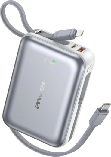 AWEI 20000 mAh Power Bank with 45 W Fast Charging, USB‑A/USB‑C, built‑in Lightning and USB‑C cables, silver