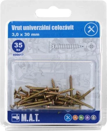 Universalus sraigtas su pilnu sriegiu 3,0 × 30 mm, cinkuotas, 35 vnt.