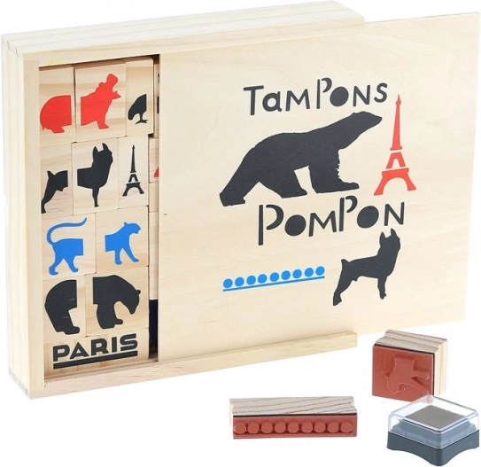 Mediniai antspaudai POMPON TOYS – kūrybinis rinkinys 23 vnt. su rašalais