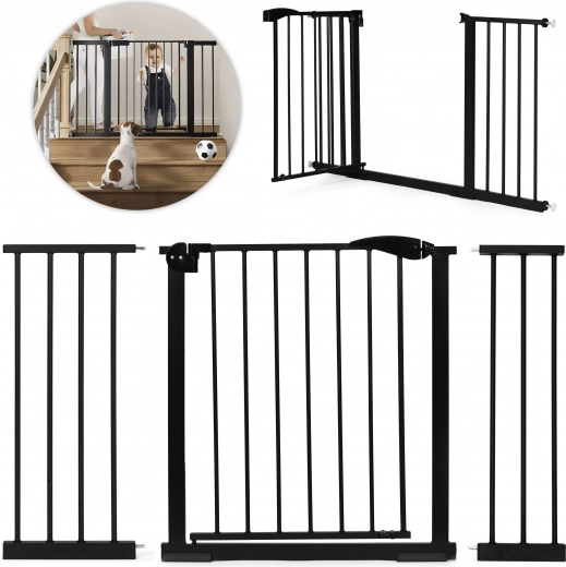 Safety barrier 74-132 cm for stairs and doors, steel with extra panels black ECOTOYS