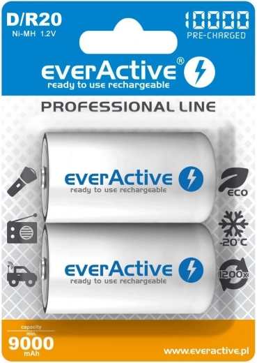Įkraunami elementai everActive R20/D Ni-MH 10000 mAh (2 vnt.) paruošti naudoti