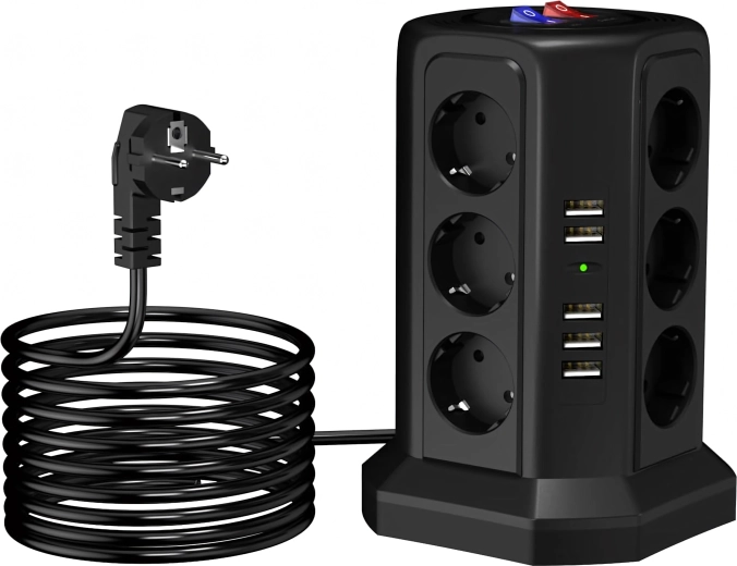 Vertikalus viršįtampių apsaugos ilgintuvas su 12 lizdų + 5 USB ir atstatymo mygtuku