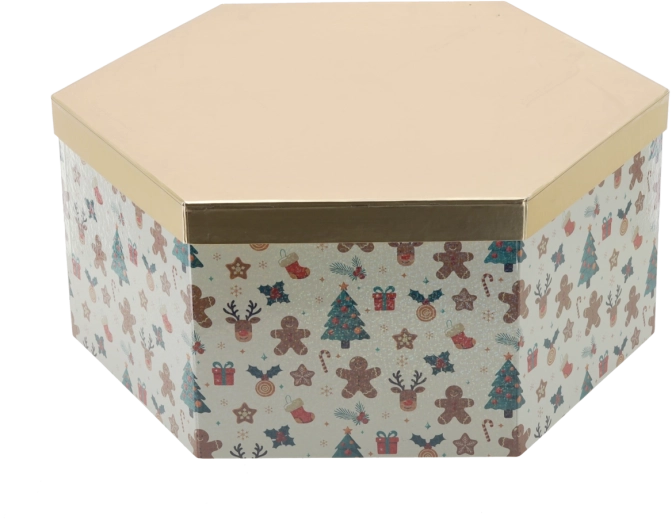 Kalėdinė dovanų dėžutė šešiakampė su auksiniu dangteliu 36 × 31 × 14 cm – 1 vnt.