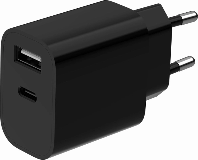 Universal USB wall charger with 2 ports (USB-A + USB-C), 2.4 A, black