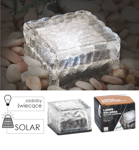 Saulės sodo šviestuvas – stiklinis kubas 7 × 7 × 5 cm, šaltai balta