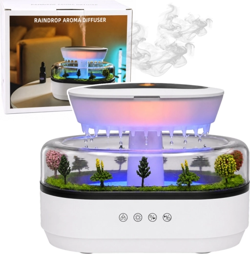 Oro drėkintuvas ir aromato difuzorius su lietaus efektu ir LED apšvietimu