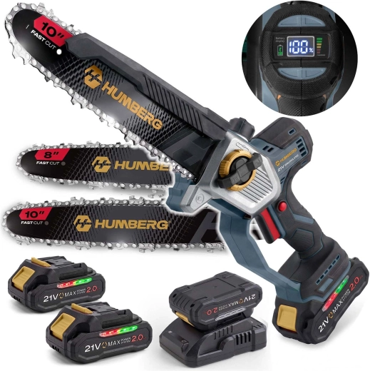 Cordless mini chainsaw Humberg 21 V with 10" and 8" guide bars (2× 2.0 Ah)