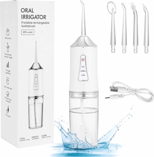 Belaidis dantų irigatorius 230 ml su 4 antgaliais ir 3 režimais – 1 vnt.