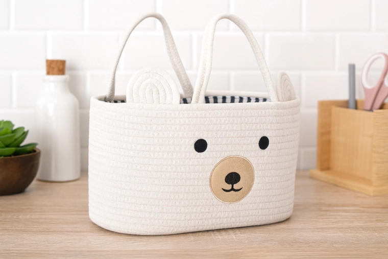White textile toy basket shaped like a bear with handles 35 × 25 × 21 cm