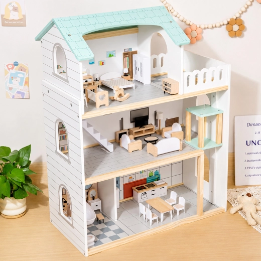 Three-Story Wooden Dollhouse with Furniture, Terrace and Elevator